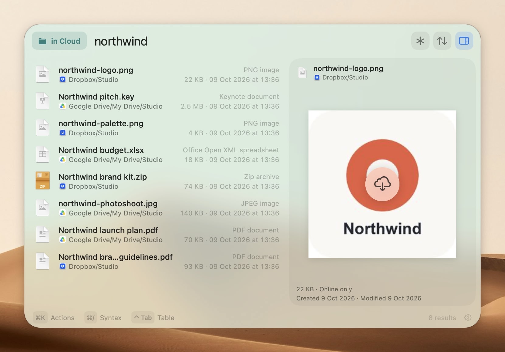 An online-only Dropbox file in the preview, ready to download